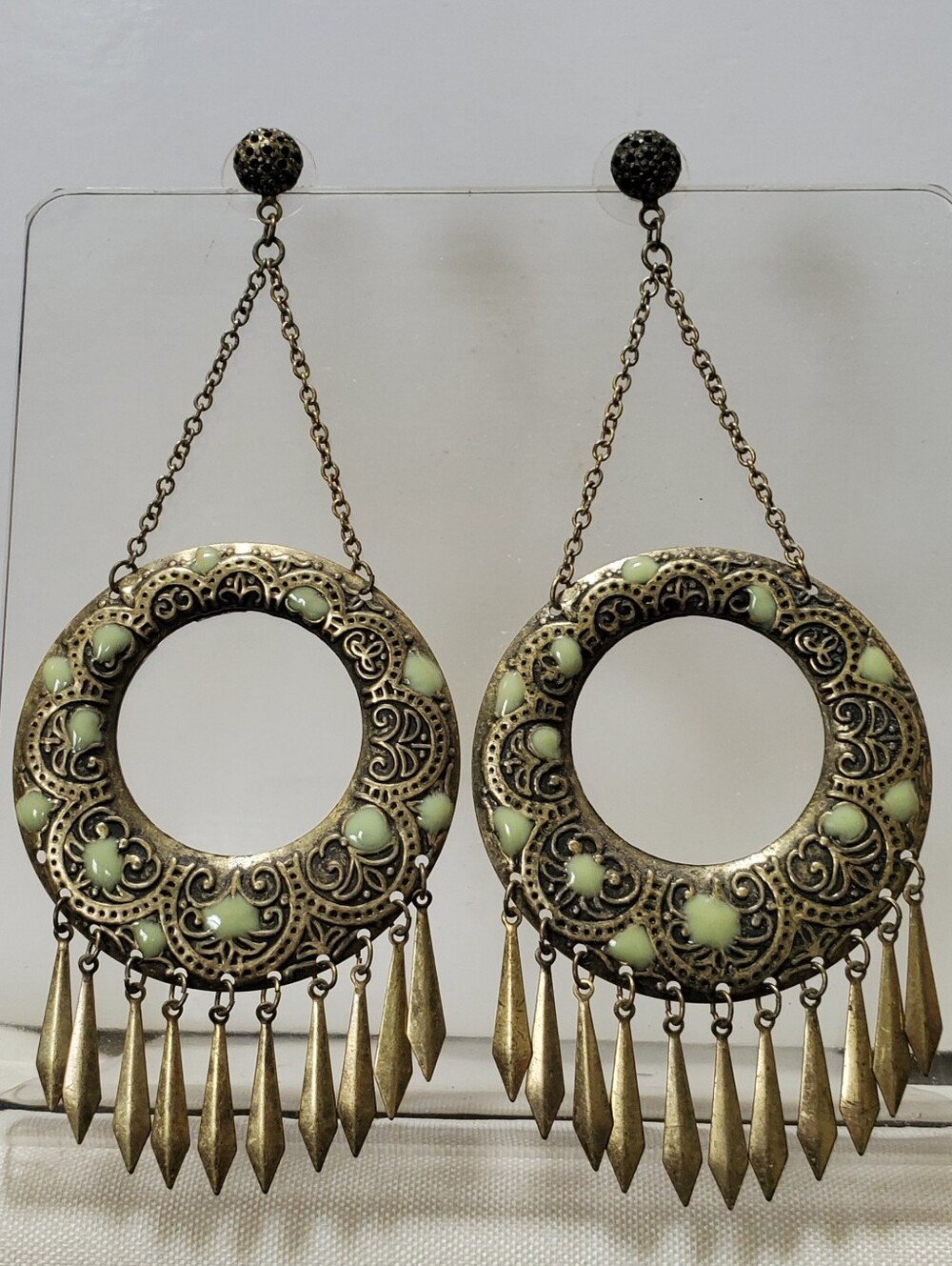 Antique Boho Round Filigree Dangle Earrings with Mint Accents